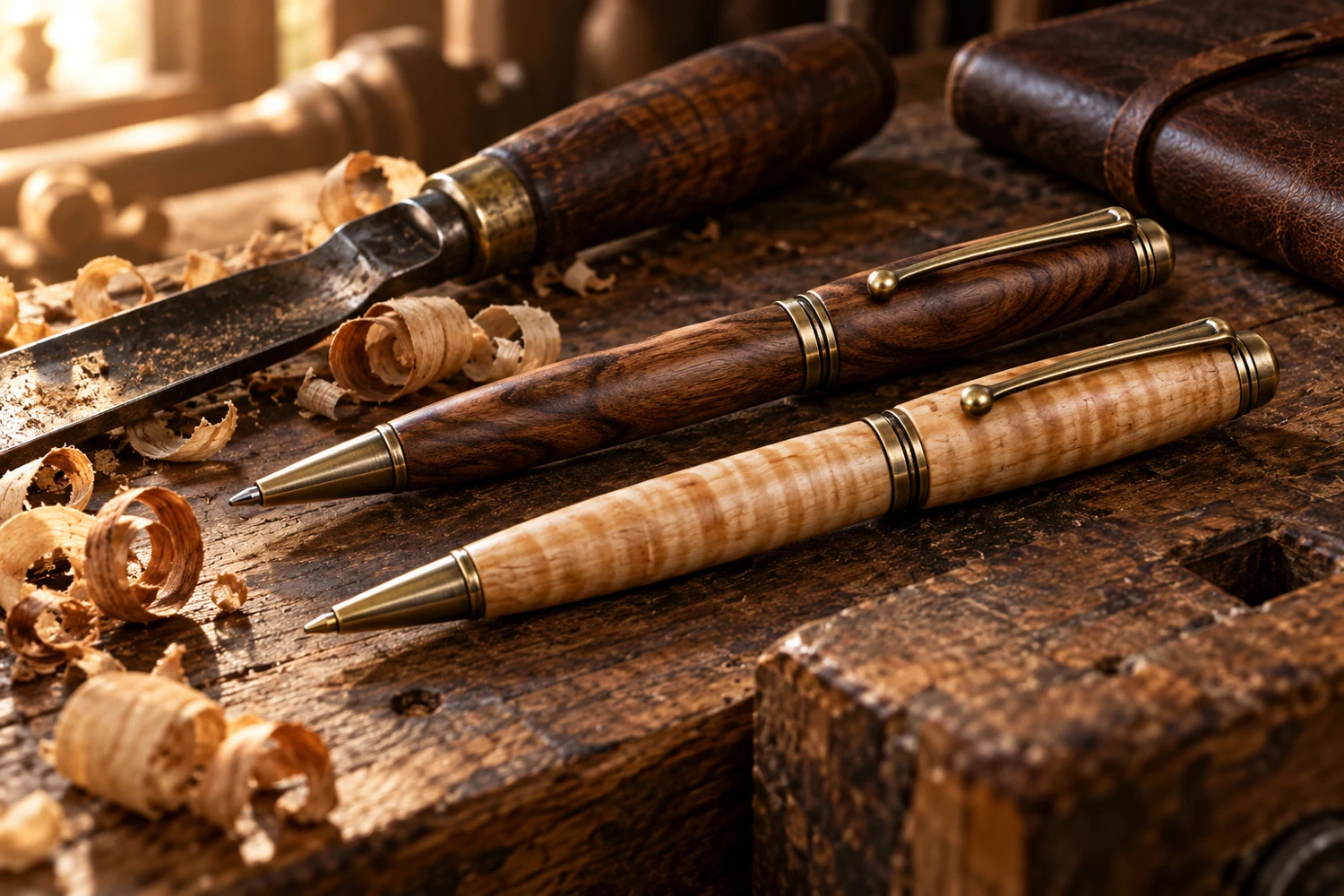 Concept photograph of natural wood pens with brass hardware on a woodworking bench